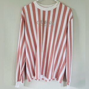 GUESS Pink White Striped Embroidered Logo Long Sleeve Shirt Men’s Medium